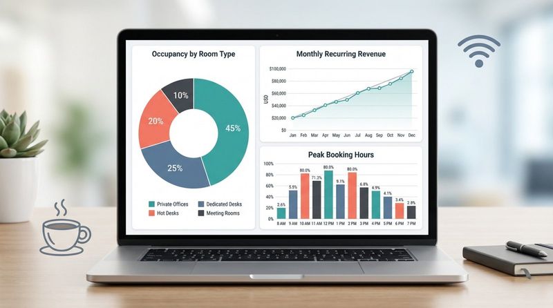 An infographic-style image of a laptop displaying a data-driven business intelligence dashboard for a coworking space.