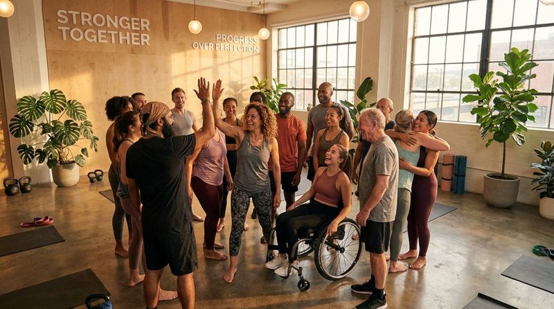 A diverse group of people celebrating together after a fitness class, emphasizing community and motivation.