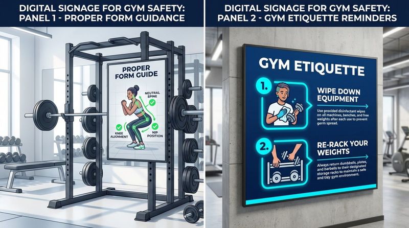 An infographic demonstrating how digital signage enhances gym safety with two panels showing instructional screens for proper squat form and gym etiquette.