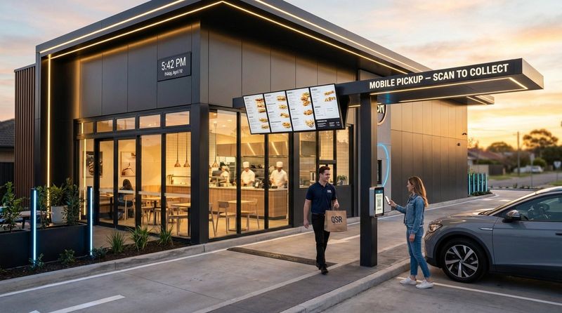 A modern quick service restaurant exterior featuring a dedicated curbside pickup lane with a customer scanning a QR code and an employee bringing out an order. The scene highlights convenience and a bustling kitchen through large windows.