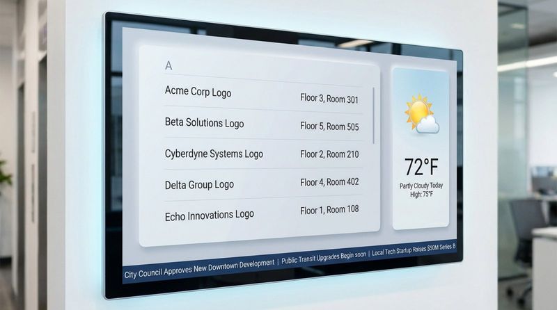 Close-up of a digital directory screen showing tenant list, weather forecast, and news ticker in a realistic interface design.