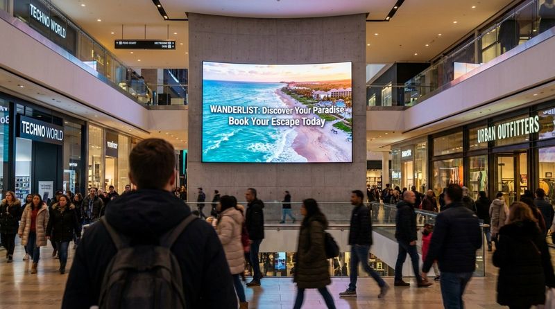 A shopper in a busy mall focuses on a vivid digital travel poster amid blurred signs and shoppers.