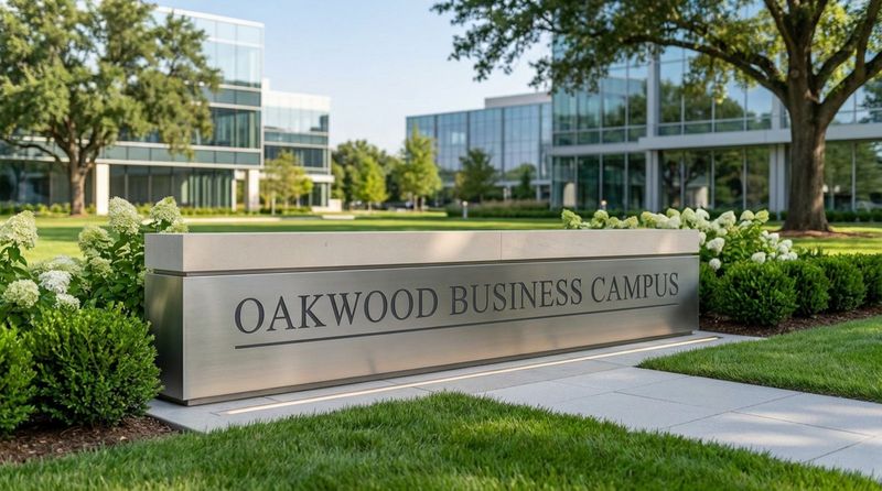 A low-profile monument sign at an upscale business park entrance made of stone and metal with greenery around.
