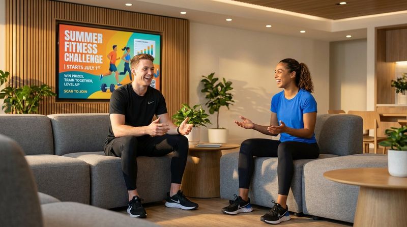 Two fit and happy people talking in a gym lounge with branded t-shirts and a digital promotion for a summer fitness challenge.