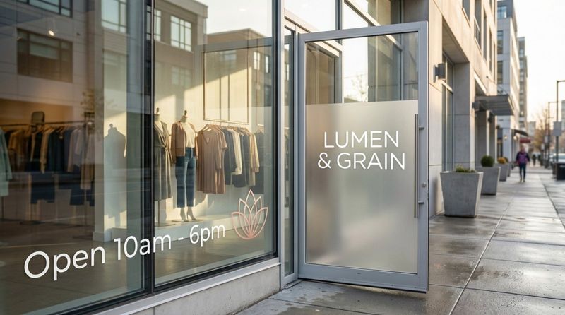 A street view of a boutique's glass storefront with welcoming morning light filtering through graphics and signage.