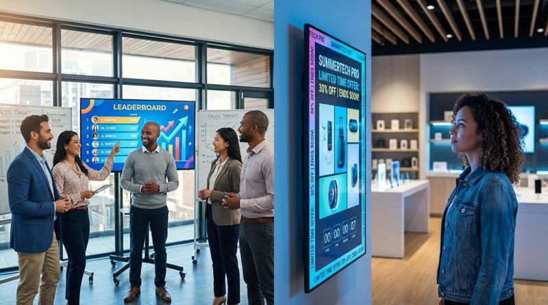 A split-screen image showing a sales team in a modern office on one side and a customer in a retail store on the other, illustrating sales and marketing environments.