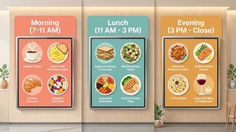 Illustration of a modern cafe's digital menu board split into three panels showing morning lunch and evening offerings with a bright welcoming style