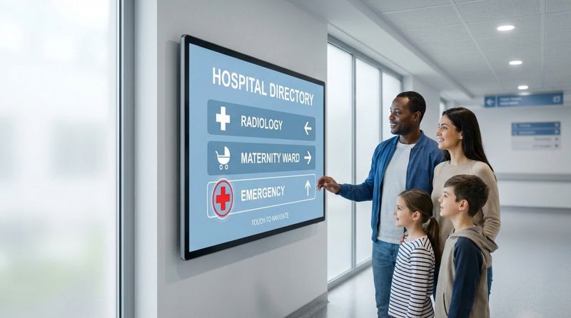 A digital directory in a hospital corridor displaying clear directions to key departments with a family looking at it.