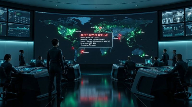 A technician monitors a futuristic network operations center with a world map showing online and offline screens and alert notifications.