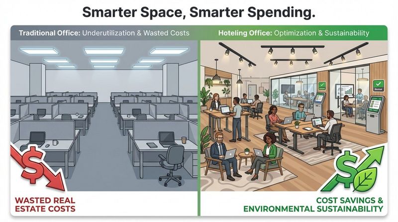 An infographic comparing traditional office space with a hoteling office setup, highlighting cost savings and sustainability benefits.