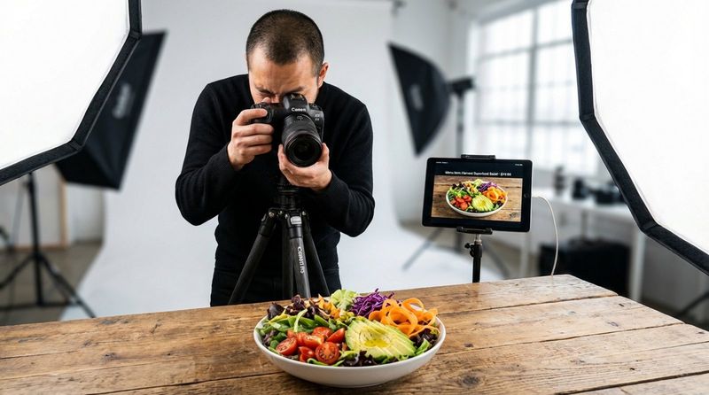 A professional food photography studio setup capturing a colorful salad on a rustic surface with a photographer adjusting a DSLR camera for high-quality imagery.