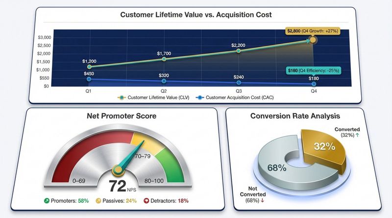 A clean infographic dashboard displaying key banking marketing KPIs with line graph, gauge meter, and pie chart.