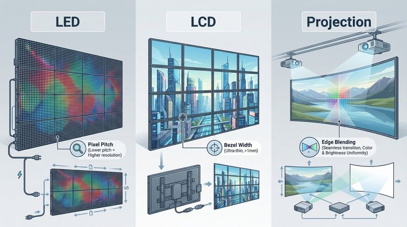 An infographic illustrating three main types of seamless video walls: LED with glowing pixel modules, LCD with ultra-thin bezels, and projection with edge-blended projectors, labeled clearly.