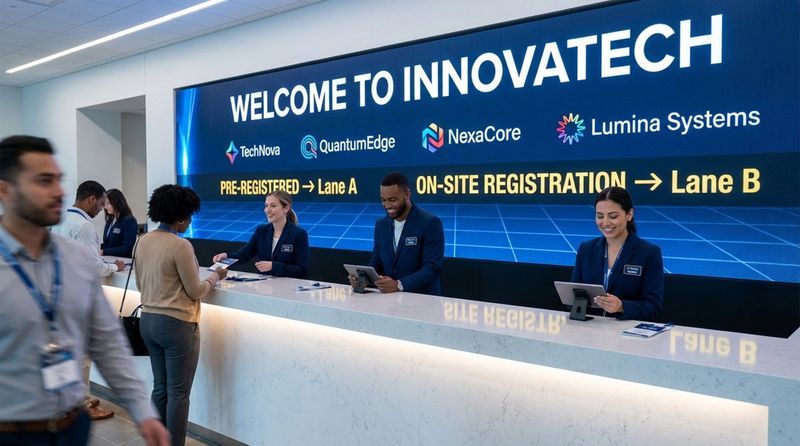 A professional registration area with a glowing counter and LED screens displaying welcome messages and directions.