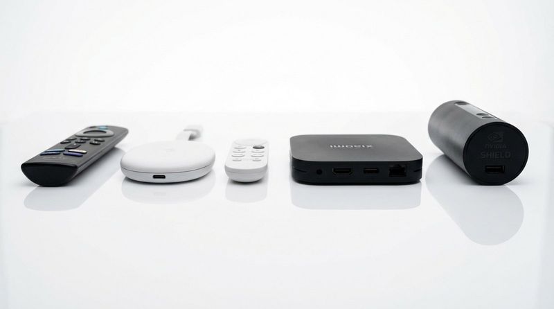 A lineup of budget-friendly media players displayed on a reflective surface with clear branding and ports.