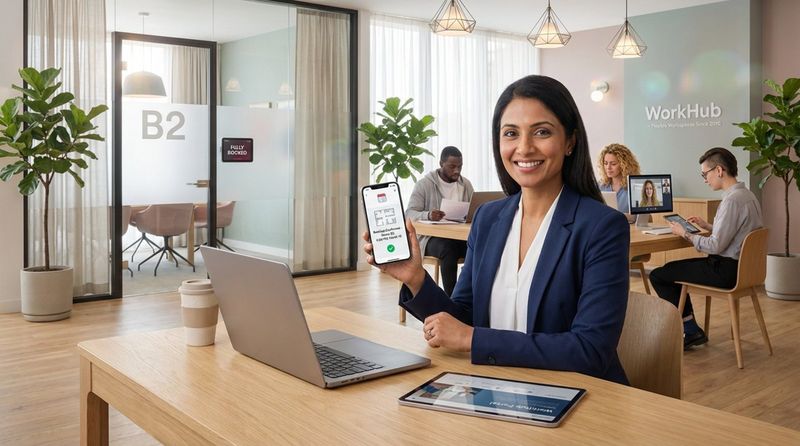 A professional woman books a meeting room using her smartphone in a modern coworking space.
