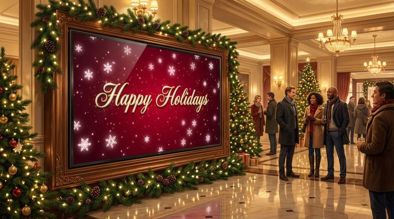 A digital signage screen in a hotel lobby during winter displaying a festive holiday message with animated snowflakes and holiday decorations.