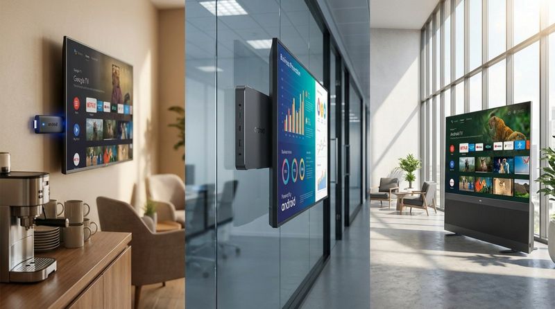 A realistic depiction of various Android devices in use within different settings. The image shows an HDMI stick plugged into a wall-mounted TV in a cozy office breakroom, a media player box mounted behind a digital display in a commercial space, and a sleek all-in-one Smart TV in a bright modern lobby.