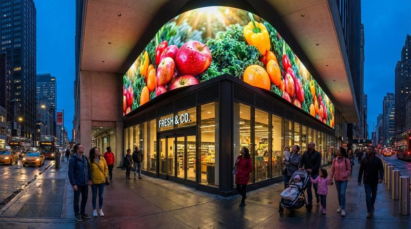 A grocery store entrance illuminated at dusk with a large LED video wall displaying fresh fruits and vegetables, attracting pedestrians and creating an inviting atmosphere.
