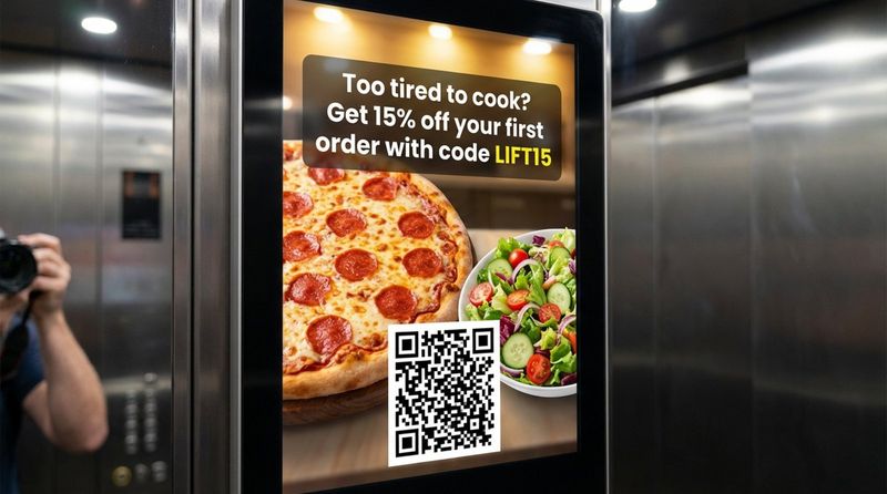 A digital screen inside an elevator displaying a food delivery advertisement with a pizza, salad, and a QR code for discounts.