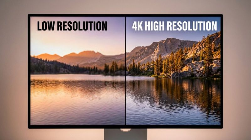 A split image demonstrating resolution differences on a digital screen, with a blurry low resolution side and a sharp high resolution side showing vibrant details.