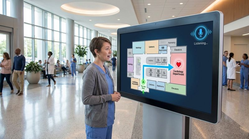 A voice-activated digital sign in a hospital lobby displaying a map with a highlighted route to the cardiology department.