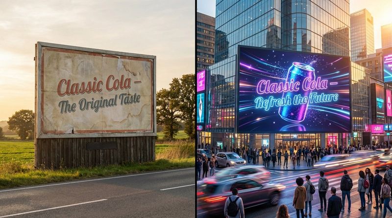 Split-screen image comparing a faded static billboard and a vibrant digital advertisement showcasing the difference between static and dynamic signage.