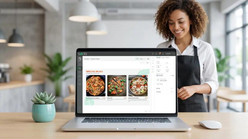 A laptop displaying a user-friendly digital signage software dashboard with various management sections, illustrating ease of use for restaurant managers.