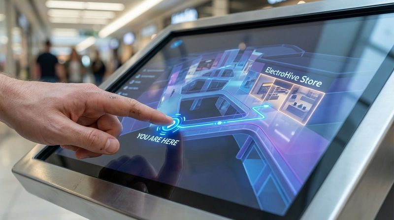 A finger interacts with a digital mall directory screen showing a 3D map with a highlighted route for wayfinding.