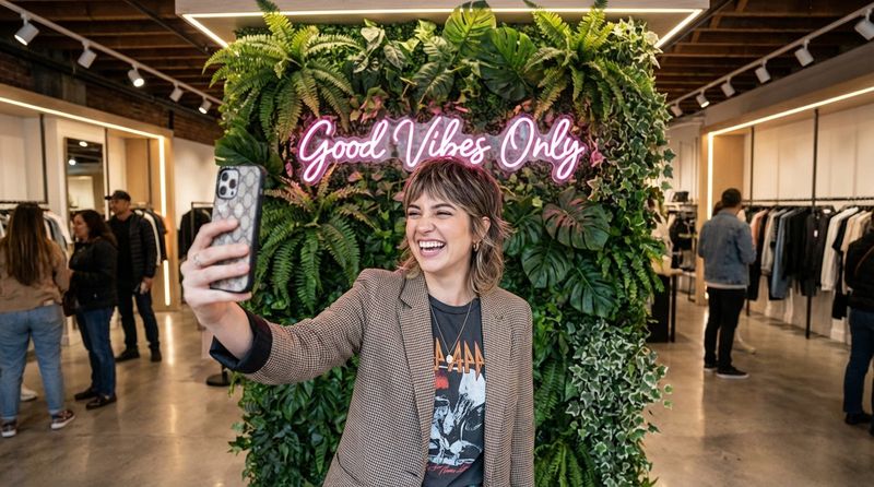 A young woman takes a photo with her smartphone at a trendy store featuring a neon sign and green leaf backdrop, capturing a shareable moment.
