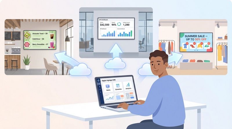 A person uses a laptop displaying a digital signage CMS dashboard with arrows pointing to smart TVs showing a menu, KPI dashboard, and promotion.