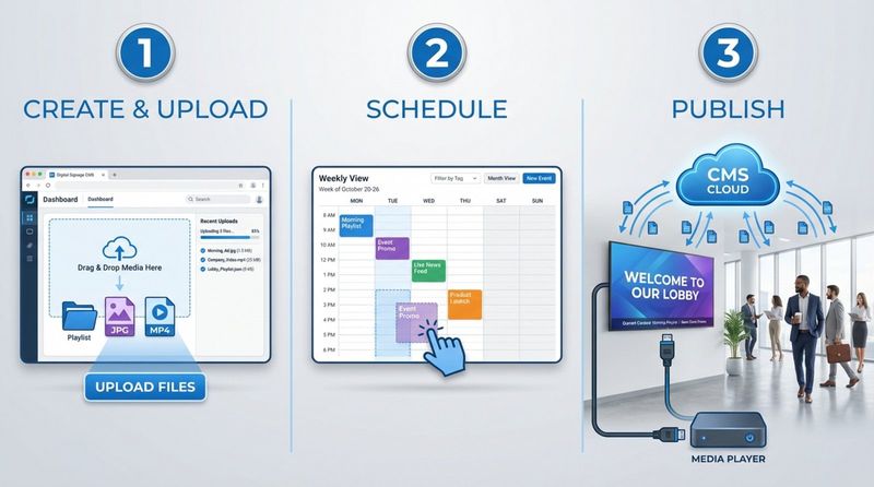 A modern infographic illustrating a three-step digital signage workflow with a professional blue and grey palette. It shows creating and uploading media, scheduling content, and publishing to a media player in an office lobby.