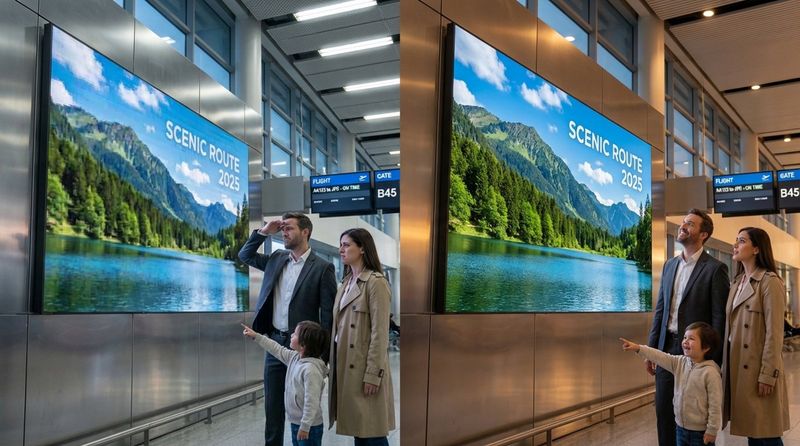 Comparison of pixelated and high-resolution digital billboard in an airport showing the difference in image quality.