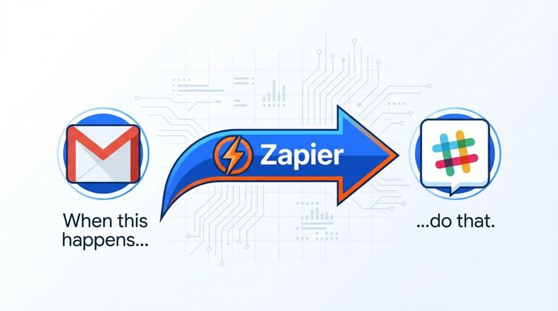 A modern infographic illustrating Zapier workflow logic with trigger and action icons connected by an arrow.