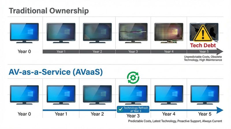 Comparison infographic showing traditional ownership leading to tech debt over five years and AV-as-a-Service with regular technology refreshes for a clear lifecycle overview.