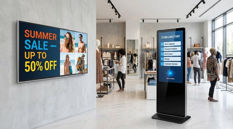 Two digital signage displays in a retail store, one showing a video advertisement and the other an interactive directory.