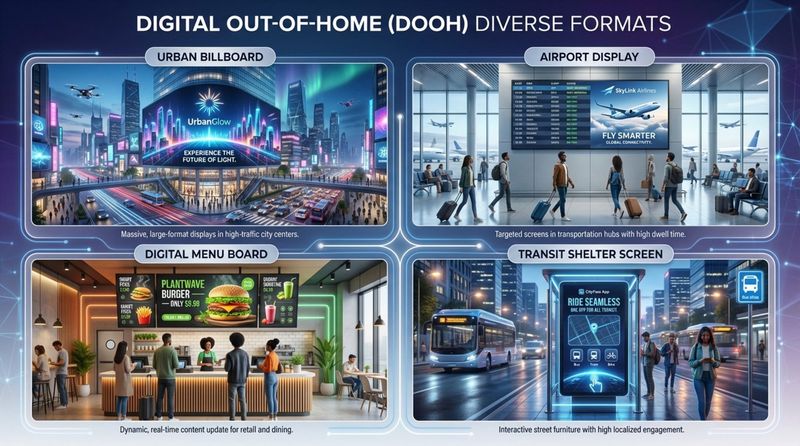 A modern infographic displaying four types of Digital Out-of-Home advertising including a skyscraper billboard, airport digital screen, fast-food menu board, and transit shelter display.