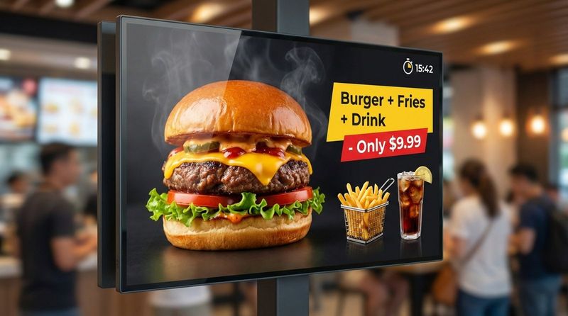 Close-up of a digital menu screen displaying a juicy cheeseburger with fresh ingredients and a highlighted combo deal with fries and soda.