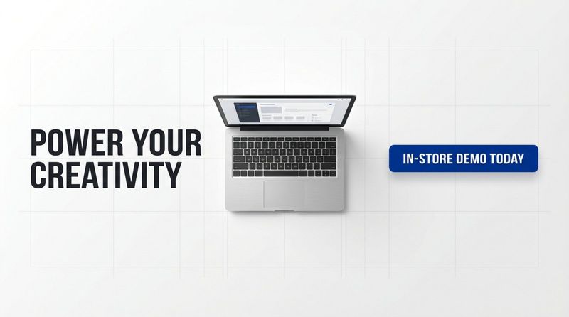 Minimalist infographic demonstrating the rule of three with a digital screen displaying a laptop, a headline, and a call to action, emphasizing clarity and balance.