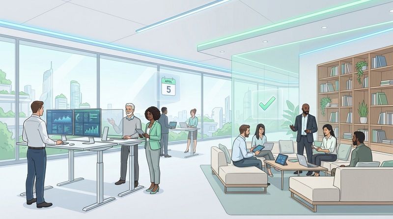 A bright modern office with diverse professionals collaborating, symbolizing an efficient reservation system.