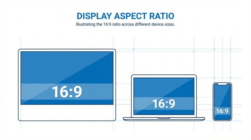 Minimalist infographic showing three devices with 16:9 aspect ratio to illustrate display proportions across different screens.