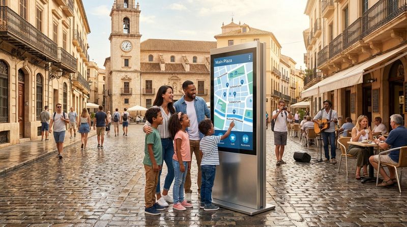 A busy city square with tourists using a modern digital kiosk amidst historic architecture and sunny weather.