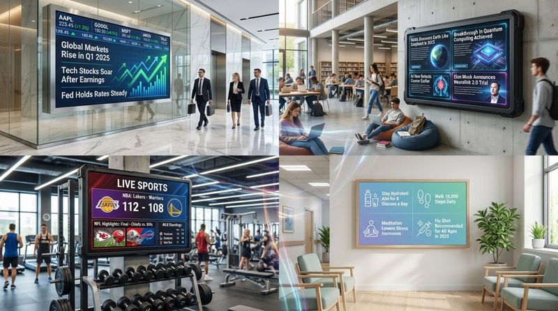A collage of four digital signage screens displaying different RSS feed categories in various settings, highlighting diverse content like stock market updates, sports scores, health tips, and science news.