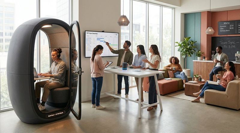 A wide-angle shot of a busy office with different work zones, including a focus pod, collaborative table, and lounge area, illustrating a flexible office layout.