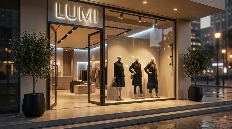 A stylish boutique storefront at dusk with elegant window displays and inviting lighting.