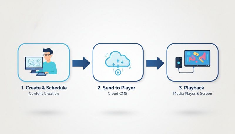 A modern infographic illustrating the three-step workflow of a digital signage system with icons for content creation, cloud server, and media display connected by arrows.