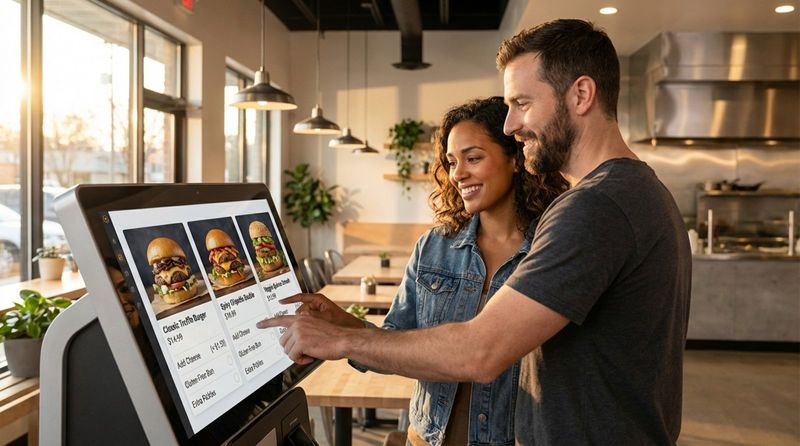 A sleek self-ordering kiosk in a modern restaurant with a couple customizing their meal on the screen.