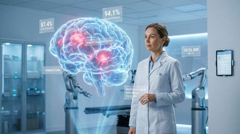 A doctor observes a transparent screen displaying a 3D human brain model with highlighted areas and data overlays in a modern medical environment.