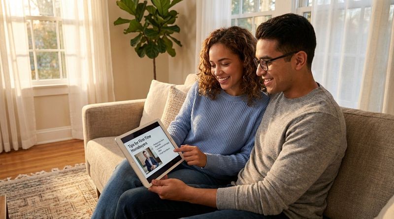 A young couple sitting on a sofa looking at a tablet displaying a financial webinar, conveying empowerment and confidence in homebuying.