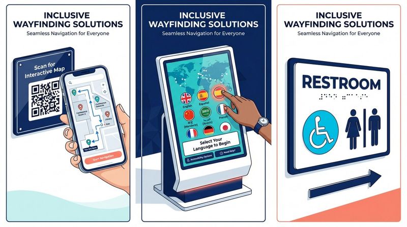 A modern infographic illustrating inclusive wayfinding features with three panels showing scanning a QR code, selecting language on a kiosk, and accessible signage with tactile and Braille elements.